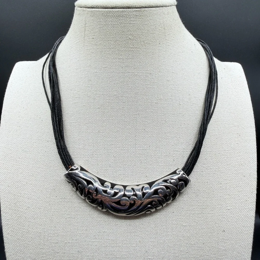 Black Multi Strand Necklace Silver Tone Scrollwork Curved Bar Boho Statement